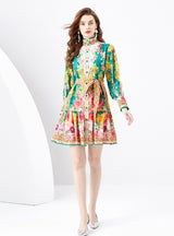 Lantern Long Sleeve Breasted Printed Ruffled Dress