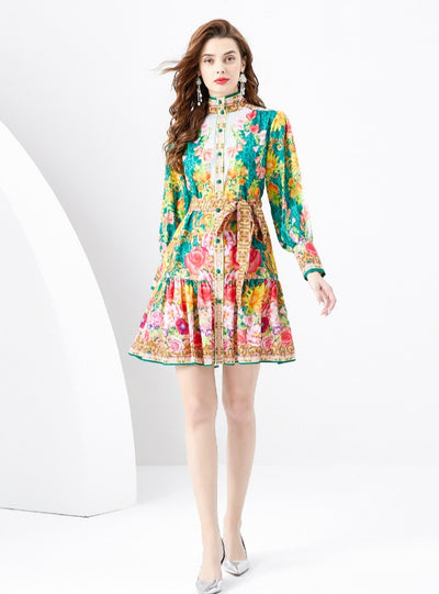 Lantern Long Sleeve Breasted Printed Ruffled Dress