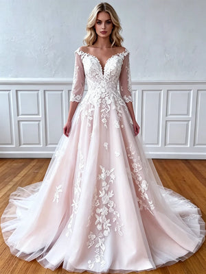 Tulle Appliques Long Sleeve Wedding Dress