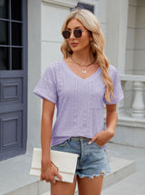 Solid Color Pocket V-neck Short Sleeve T-shirt