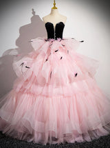 Black Velvet and Pink Tulle Strapless Prom Dress