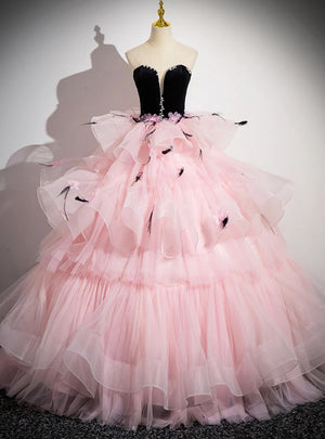 Black Velvet and Pink Tulle Strapless Prom Dress