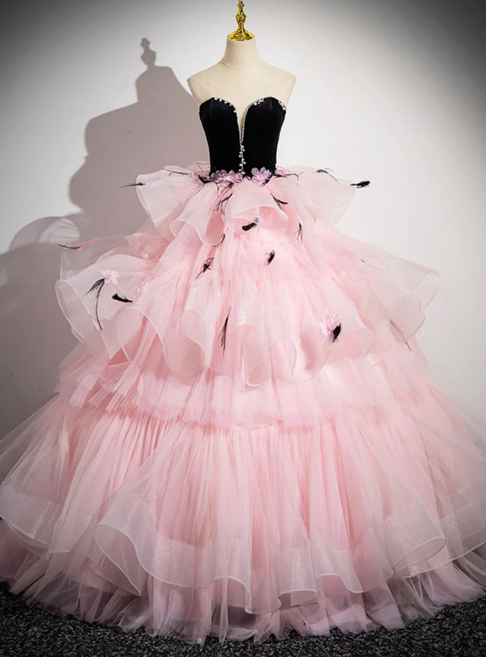 Black Velvet and Pink Tulle Strapless Prom Dress