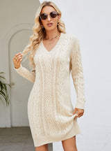 Solid Color V-neck Long Sweater Dress