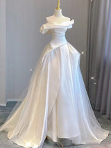 White Satin Tulle Pleats Wedding Dress