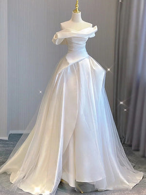 White Satin Tulle Pleats Wedding Dress