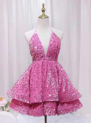 Pink Sequins Deep V-neck Homecoming Dress