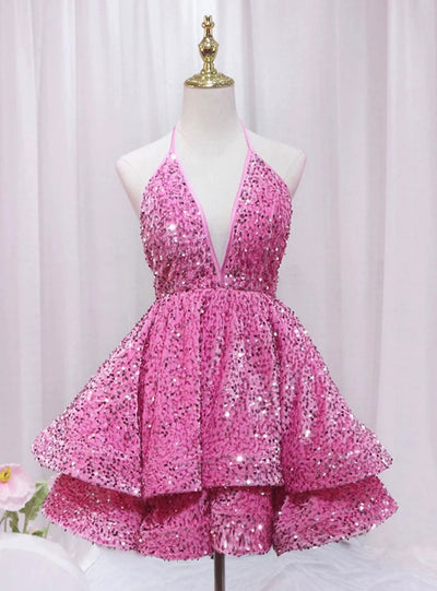 Pink Sequins Deep V-neck Homecoming Dress