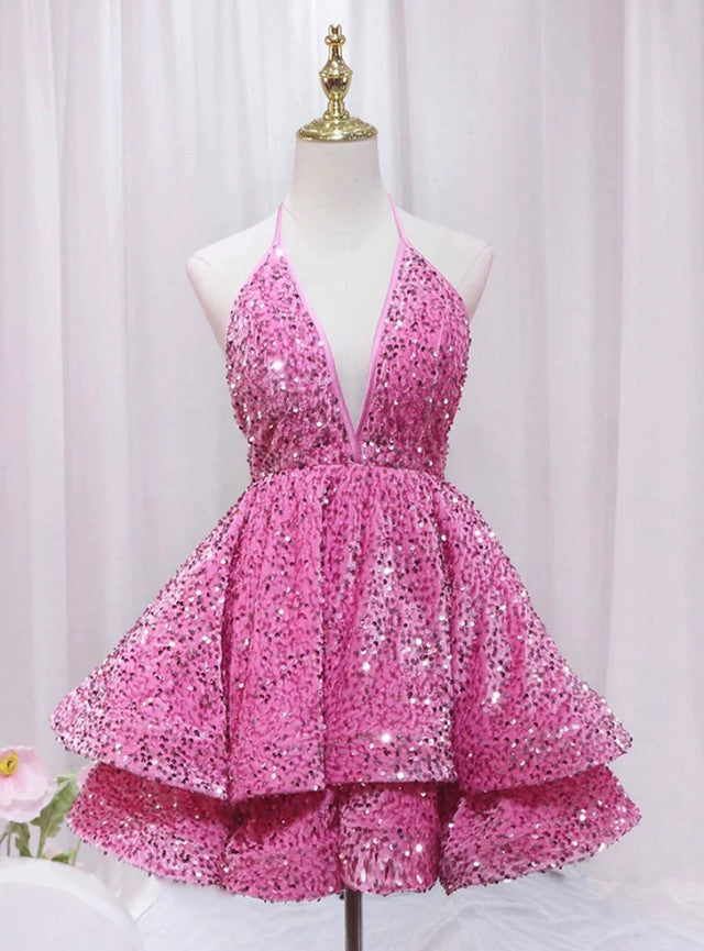 Pink Sequins Deep V-neck Homecoming Dress