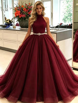 Bugundy Tuller Halter Prom Dress