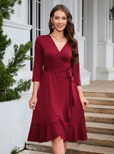 V-neck Solid Color Long Sleeve Dress