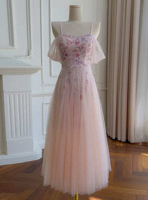 Pink Tulle Sequins Flower Prom Dress