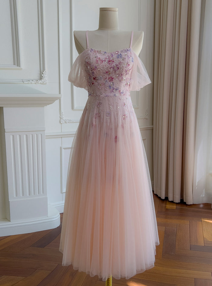 Pink Tulle Sequins Flower Prom Dress