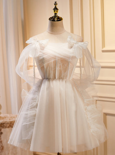 White Tulle Pearls Homecoming Dress
