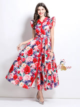 Retro Floral Ruffled Long Dress