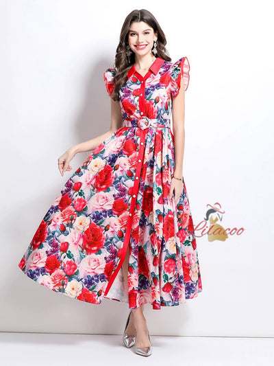 Retro Floral Ruffled Long Dress