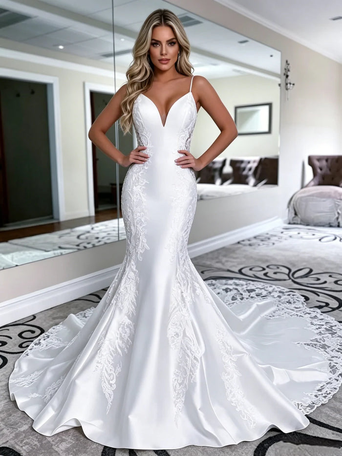 White Mermaid Satin Lace Spaghetti Straps Wedding Dress