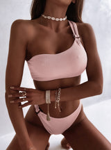 Solid Color One-shoulder High Waist Bikini