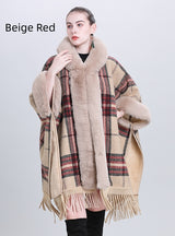 Large Size Fur Collar Plaid Fringed Cloak Shawl