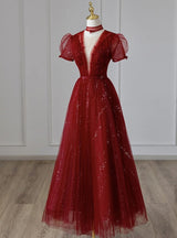 Burgundy Sequins Tulle Short Sleeve Prom Dress