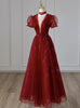 Burgundy Sequins Tulle Short Sleeve Prom Dress