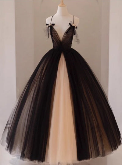 Black Tulle Straps Pleats Prom Dress