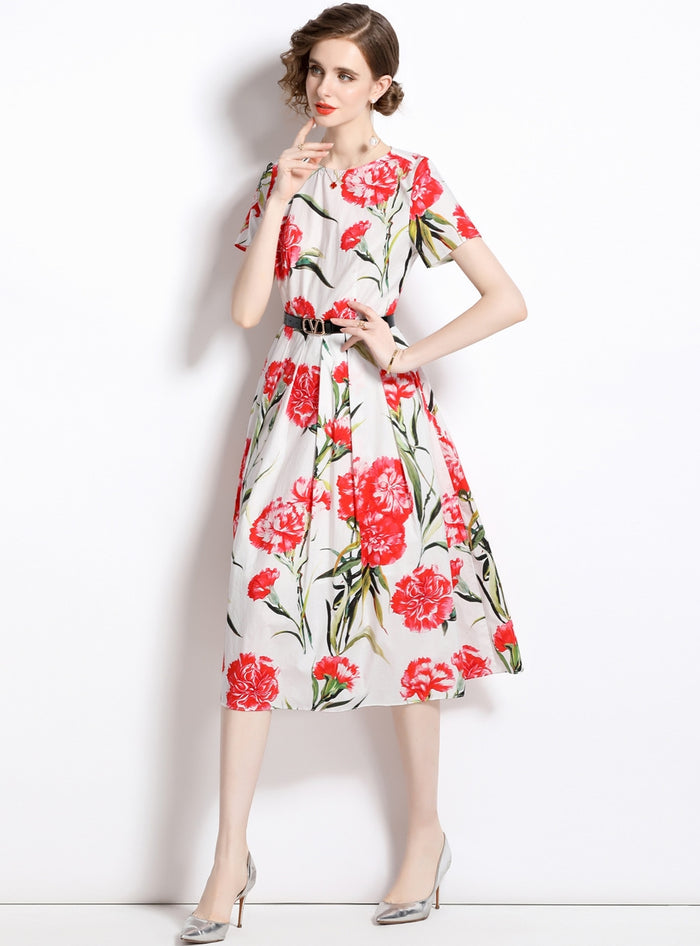 Retro Printed Round Neck Slim Short Sleeve Dress