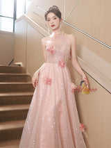 Pink Sequins Halter 3D Flower Prom Dress