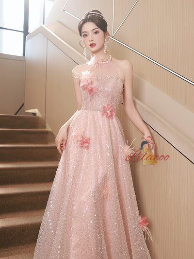 Pink Sequins Halter 3D Flower Prom Dress