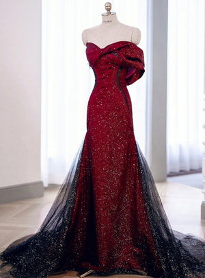 Black Mermaid Sequins Tulle Bow Prom Dress