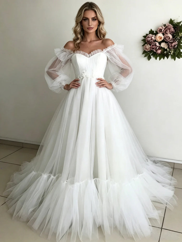 White Tulle Puff Sleeve Off the Shoulder Wedding Dress