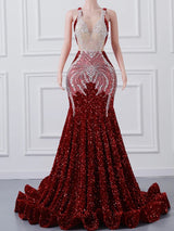 Burgundy Mermaid Sequins Prom Dress