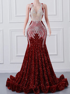 Burgundy Mermaid Sequins Prom Dress