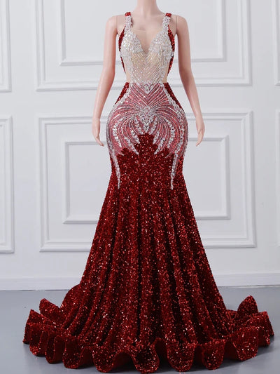 Burgundy Mermaid Sequins Prom Dress