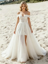 White Chiffon Lace Off the Shoulder Wedding Dress