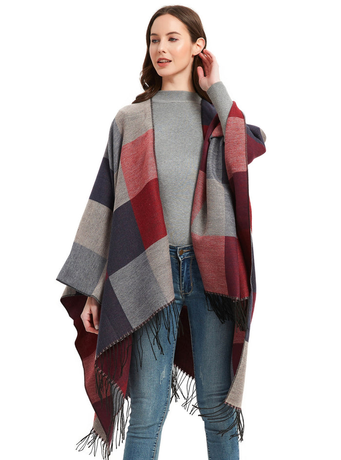 Fringed Double-sided Plaid Split Shawl