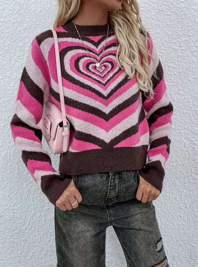 Striped Heart Round Neck Pullover Sweater