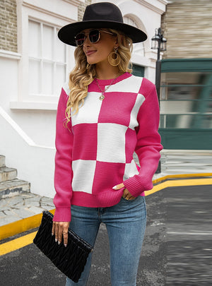 Round Neck Knitted Plaid Sweater