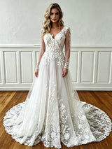 White Lace V-neck Long Sleeve Wedding Dress