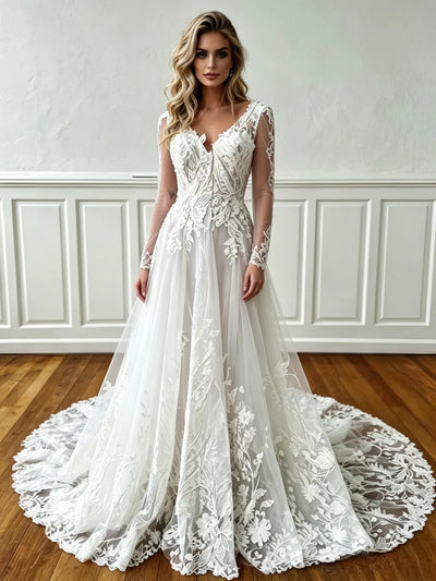 White Lace V-neck Long Sleeve Wedding Dress