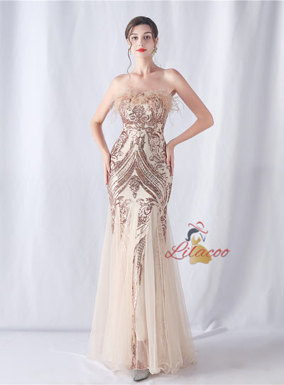 Mermaid Seuqins Tulle Feather Prom Dress