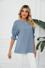 Solid Color Round Neck Loose Chiffon Top