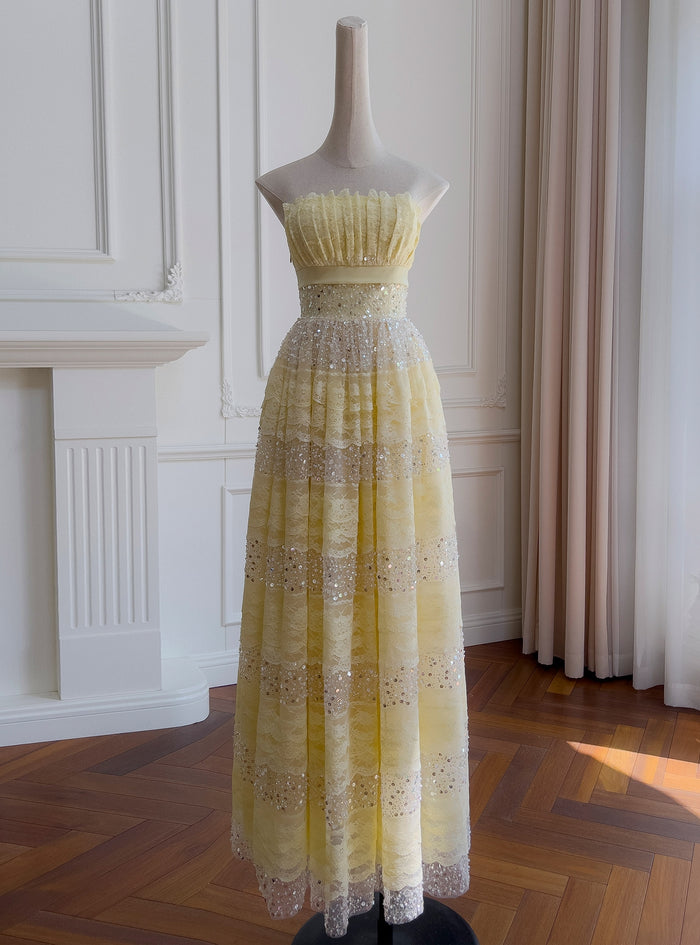 Yellow Lace Sequins Long Prom Dress