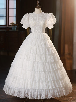 White Ball Gown Lace Short Sleeve Tiers Wedding Dress