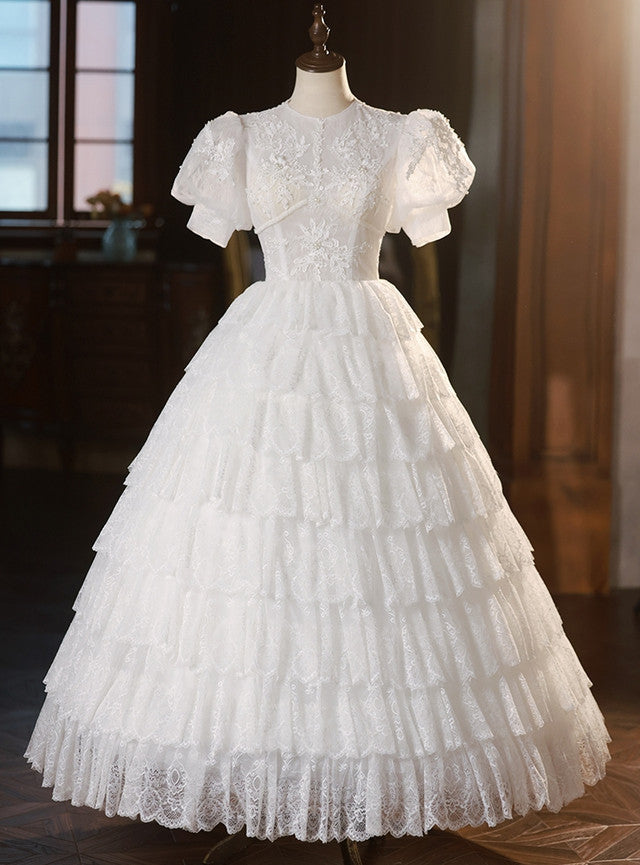 White Ball Gown Lace Short Sleeve Tiers Wedding Dress