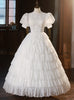 White Ball Gown Lace Short Sleeve Tiers Wedding Dress