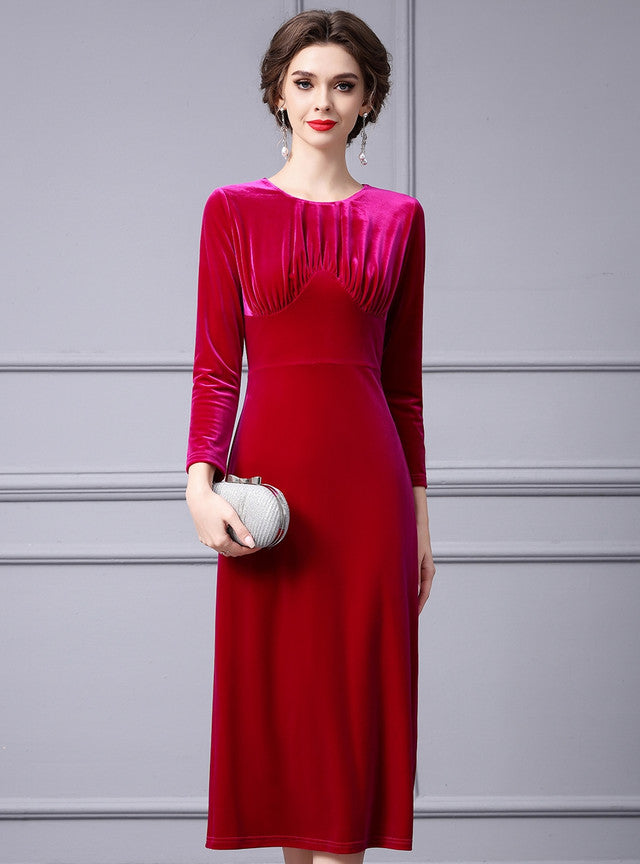 Fuchsia Velvet Long Sleeve Pleats Mother Of The Bride Dress