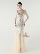 Mermaid Sequins Tulle V-neck Beading Prom Dress