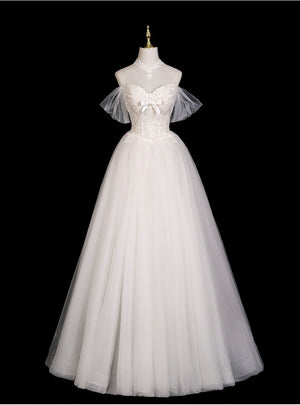 White Tulle Lace Off the Shoulder Wedding Dress