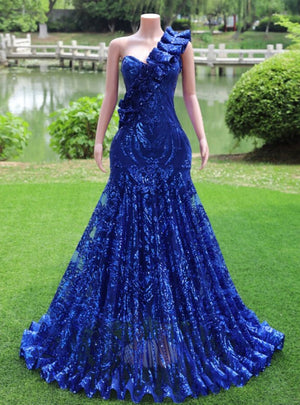 Royal Blue Mermaid Sequins One Shoulder Prom Dress